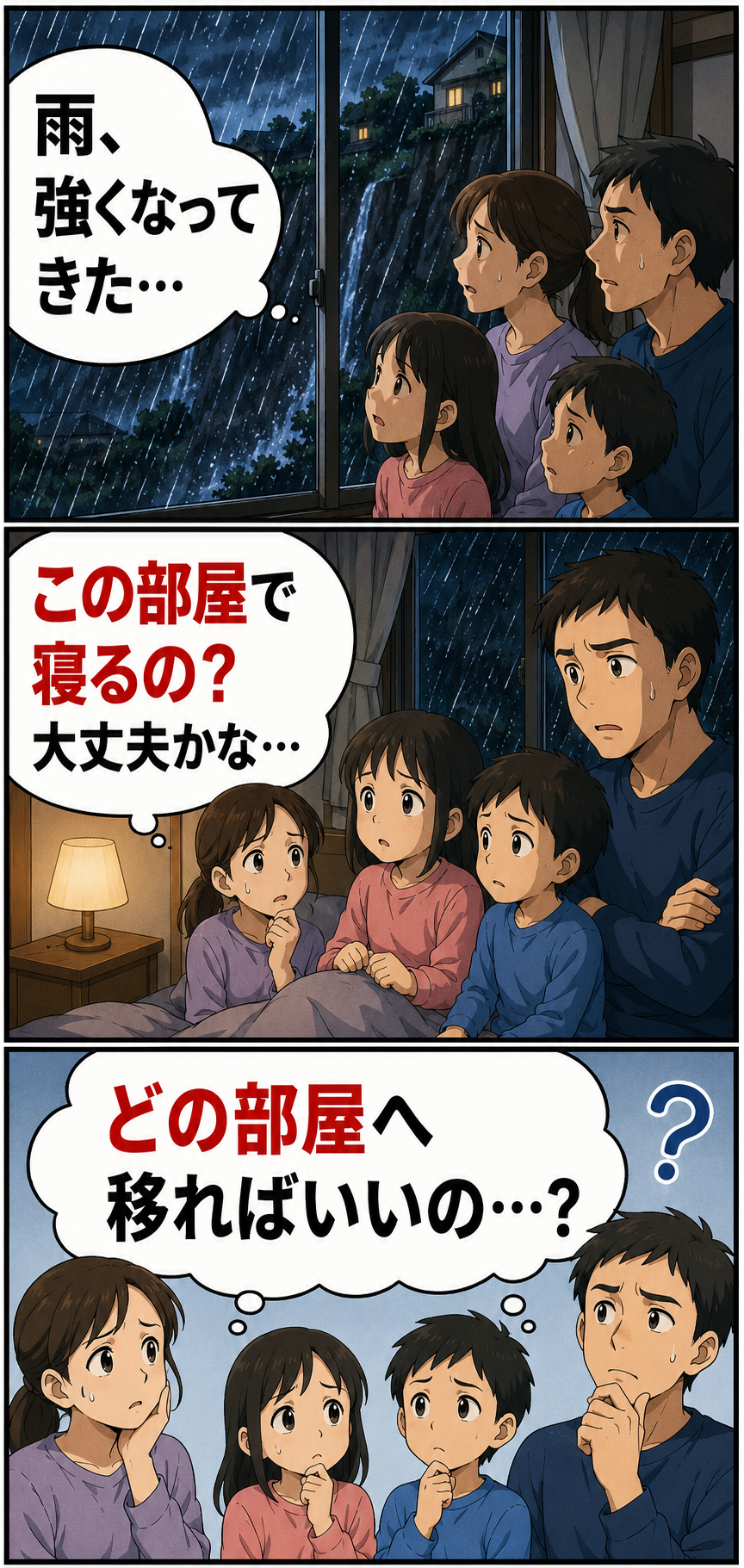 大雨の夜に裏が崖の家で家族が寝る部屋を迷っている3コマ漫画