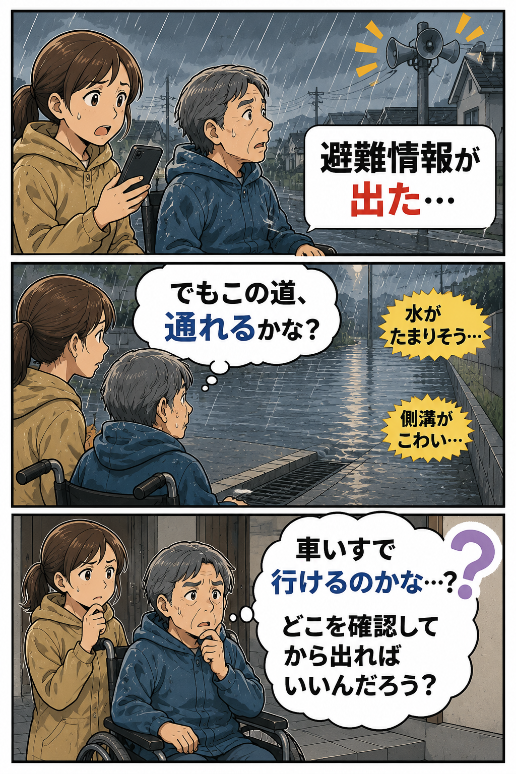 大雨時に車いす利用者と介助者が冠水しそうな道を前に避難できるか迷っている3コマ漫画