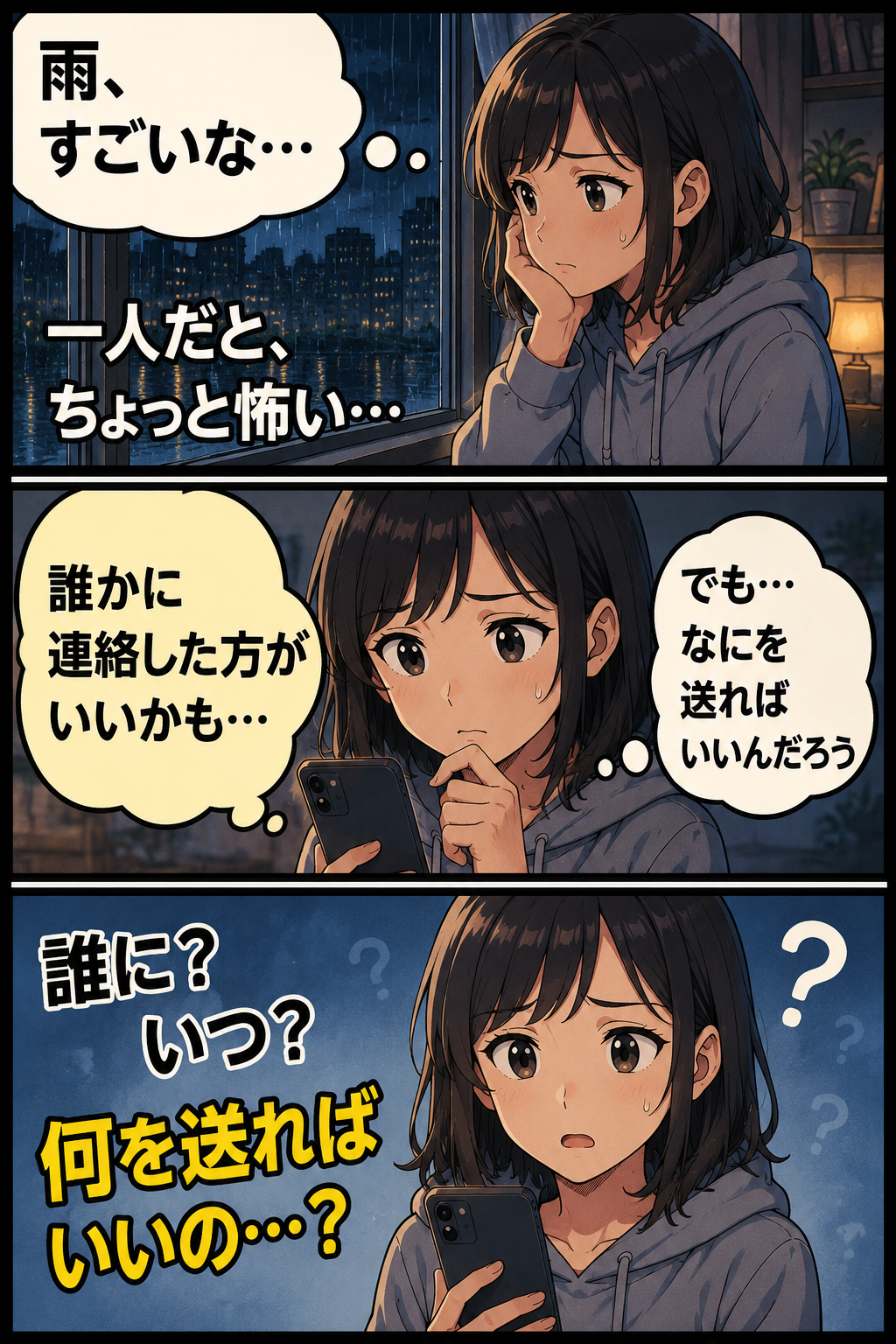 大雨の夜に一人暮らしの女性がスマホを見ながら誰にいつ何を連絡すればよいか迷っている3コマ漫画
