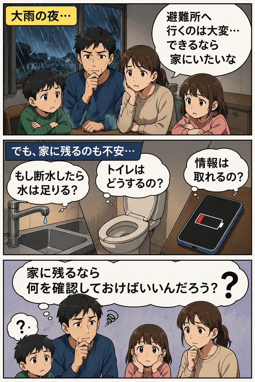 大雨の夜に家族が在宅避難で必要な水・トイレ・情報を心配している3コマ漫画