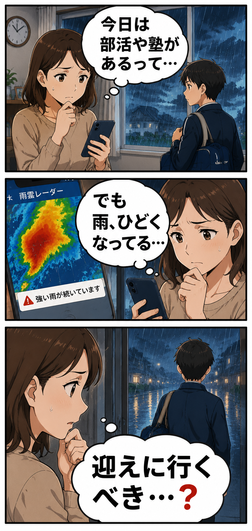 大雨の日に部活や塾へ行くか、迎えに行くか迷う家族の漫画