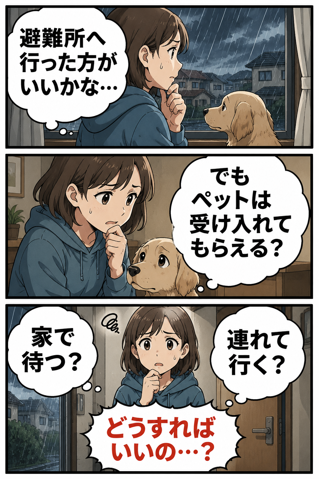 大雨時にペットを避難所へ連れて行くか迷う家族の漫画