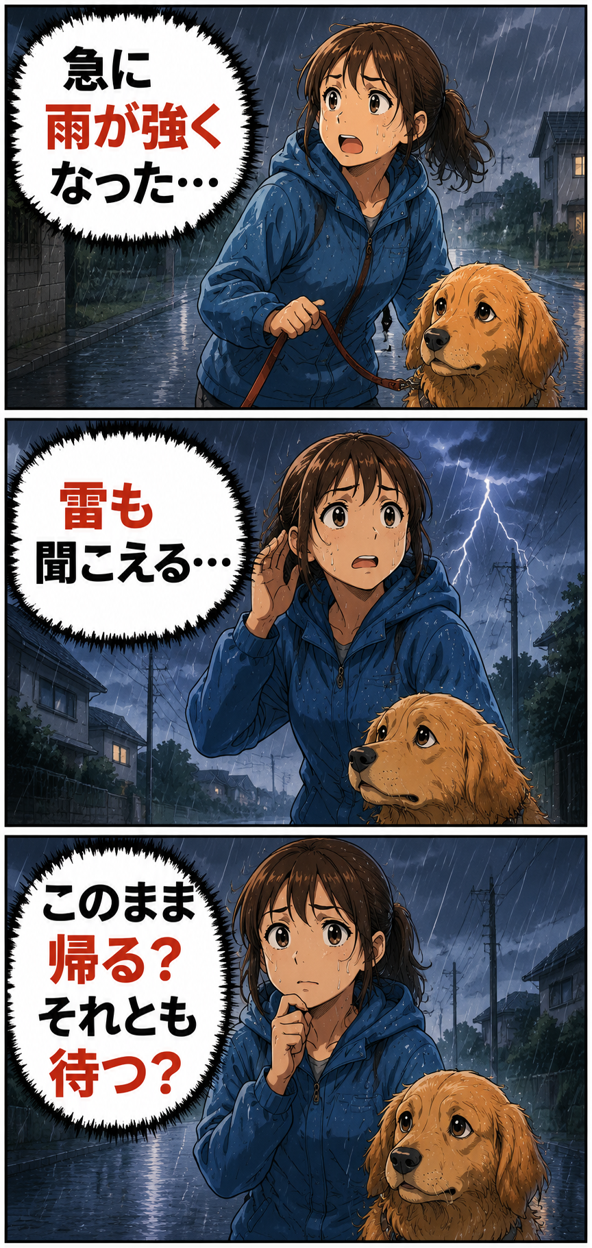 犬の散歩中にゲリラ豪雨が来て、帰るか待つか迷う飼い主の漫画