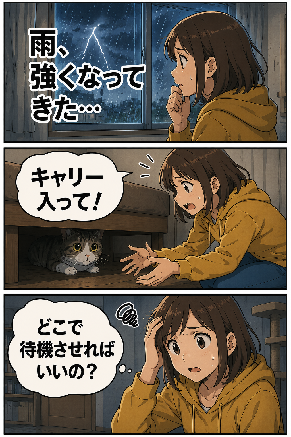 大雨時に猫を室内のどこへ置くか迷う家族の漫画