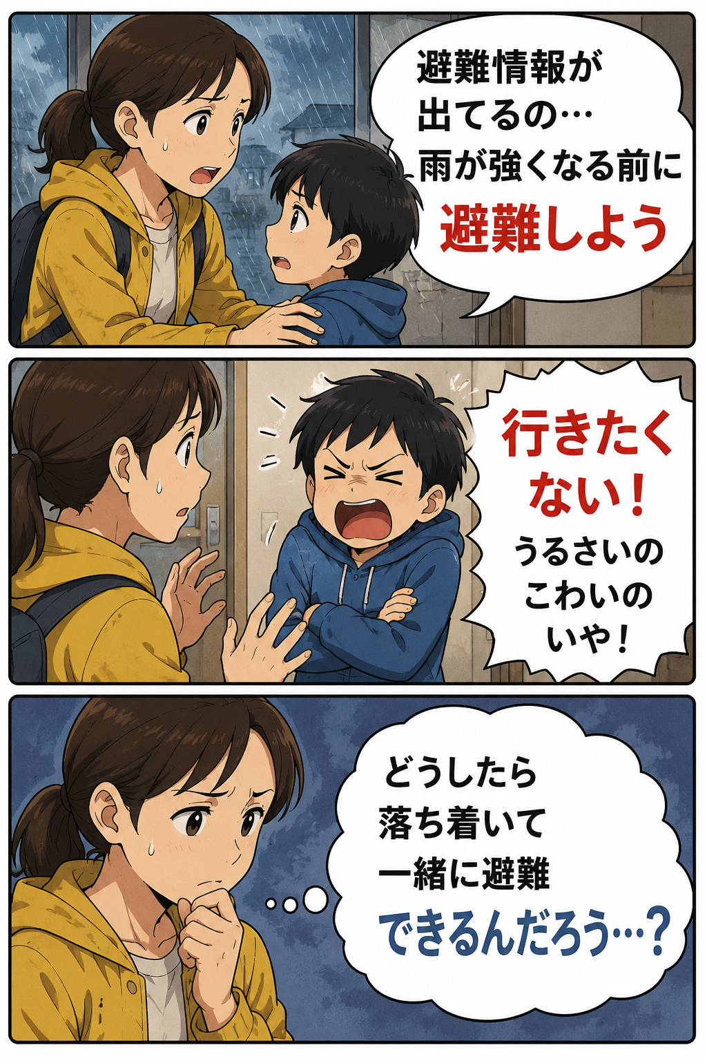 発達特性のある子が大雨避難を嫌がり、親が対応を迷う漫画