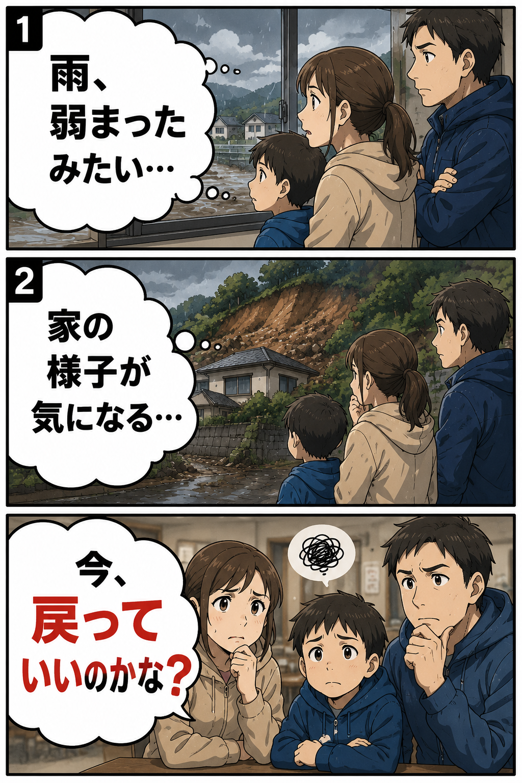 大雨後に土砂災害が心配な家へ戻っていい？斜面・道・室内の確認順の冒頭漫画