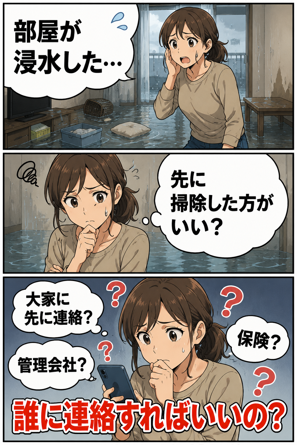 賃貸住宅が浸水したら誰に連絡する?大家・管理会社・保険の順番の冒頭漫画