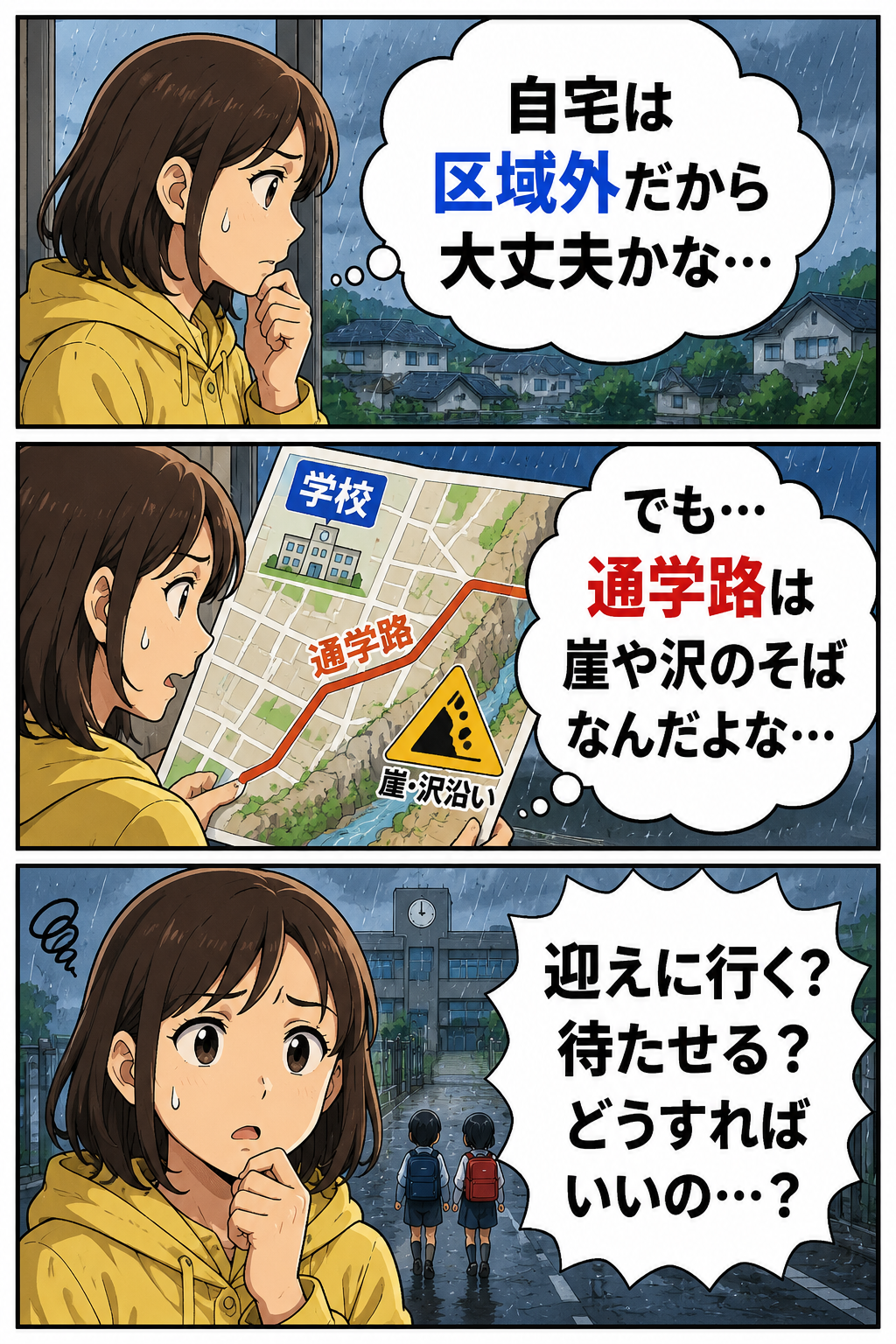 自宅が区域外でも通学路が土砂災害リスクなら？学校・迎え・迂回の確認の冒頭漫画