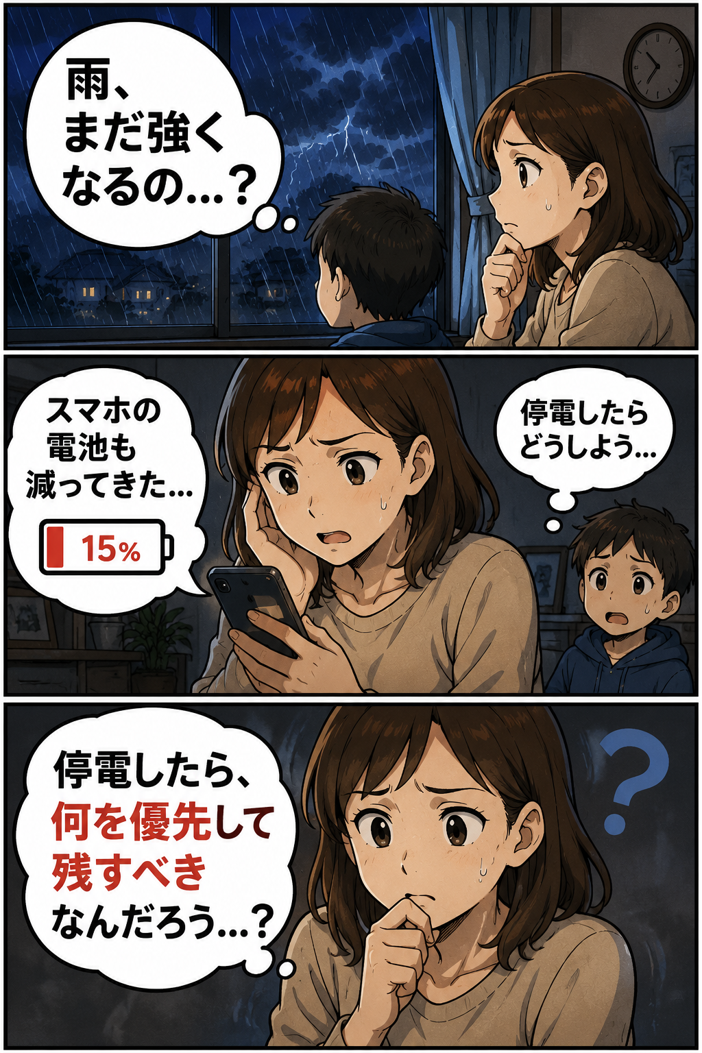 線状降水帯の夜に停電しそうな時は？連絡・情報・明かりの残し方の冒頭漫画