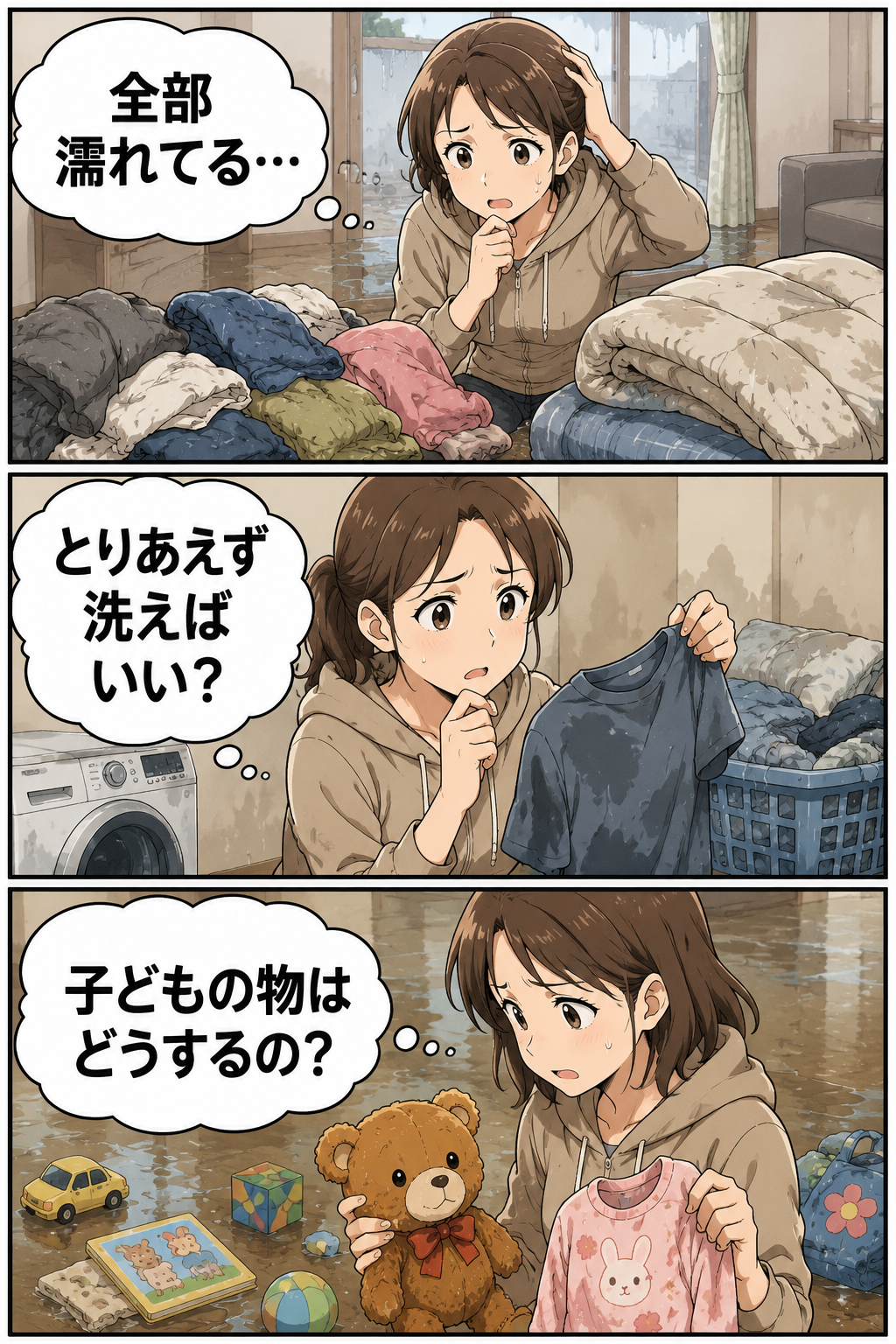 浸水後に濡れた服や布団はどう分ける?子ども用品と衛生の確認順の冒頭漫画
