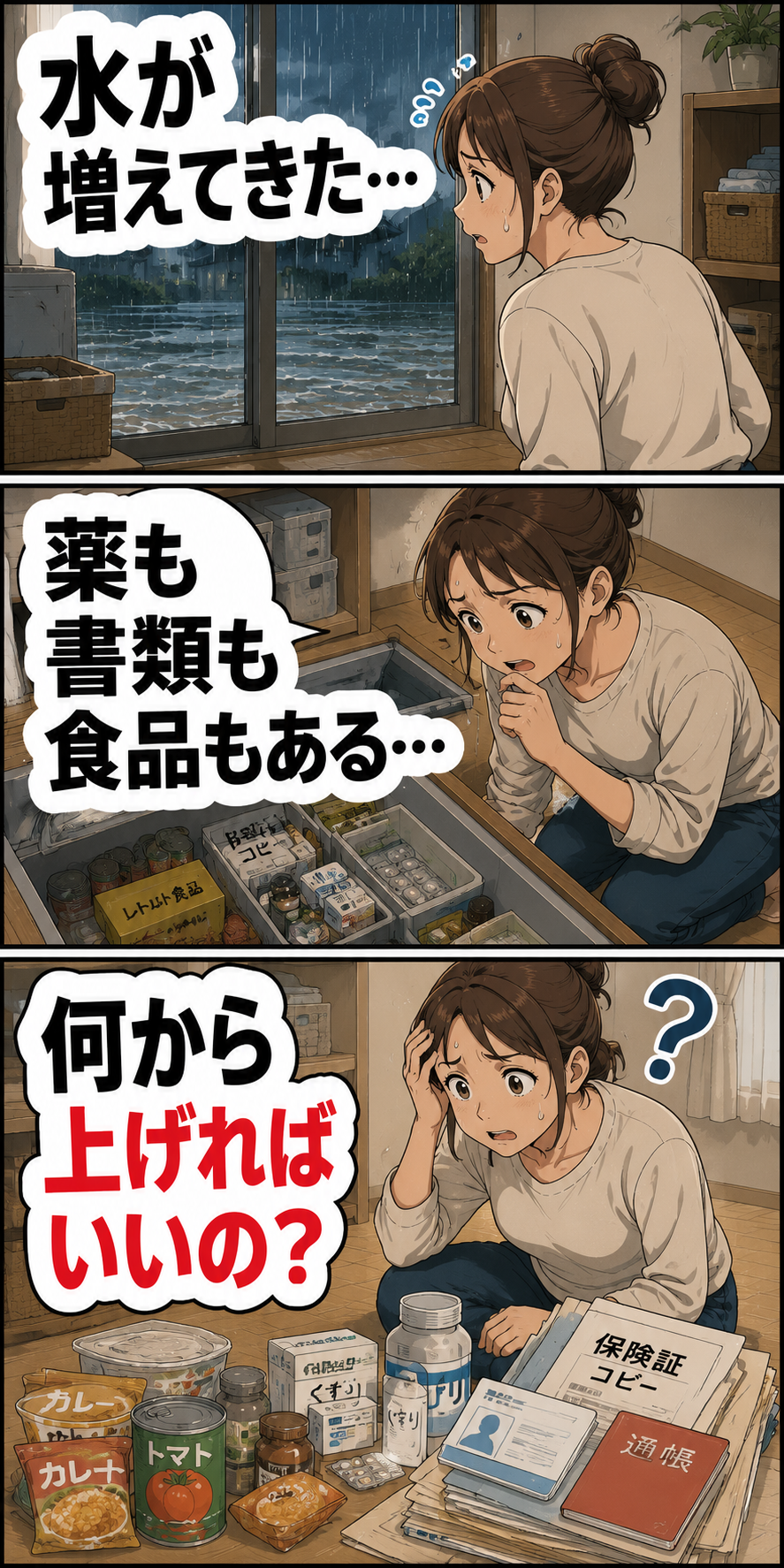 床下収納や低い棚が浸水しそうな時は?食品・薬・書類を上げる順番の冒頭漫画