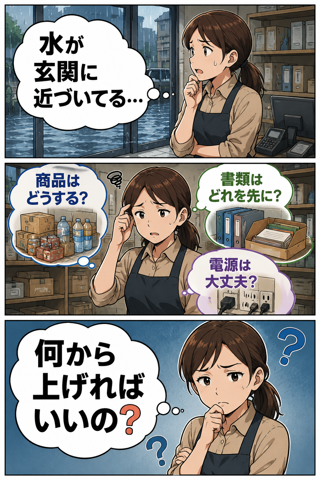 低い玄関や店舗に水が入りそうな時は?商品・書類・電源を上げる順番の冒頭漫画