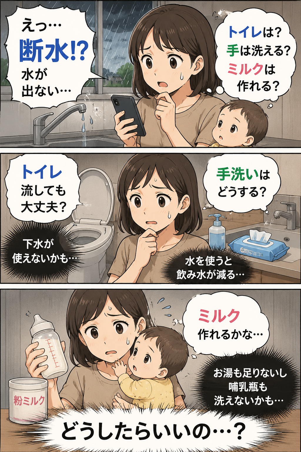 集中豪雨の断水でトイレ・手洗い・調乳に困る母親の漫画