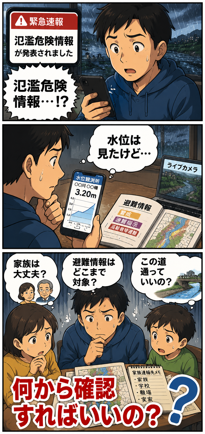 氾濫危険情報が出たら何を見る?水位・避難情報・家族連絡の順番の冒頭漫画