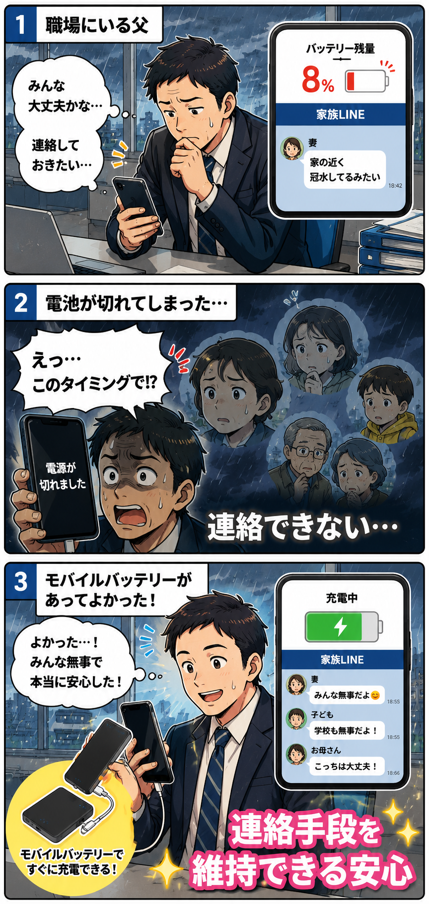 避難所で家族の連絡先が分からず困っていた小学生が、防水ケースに入った連絡カードを見つけて安心する様子を描いた漫画