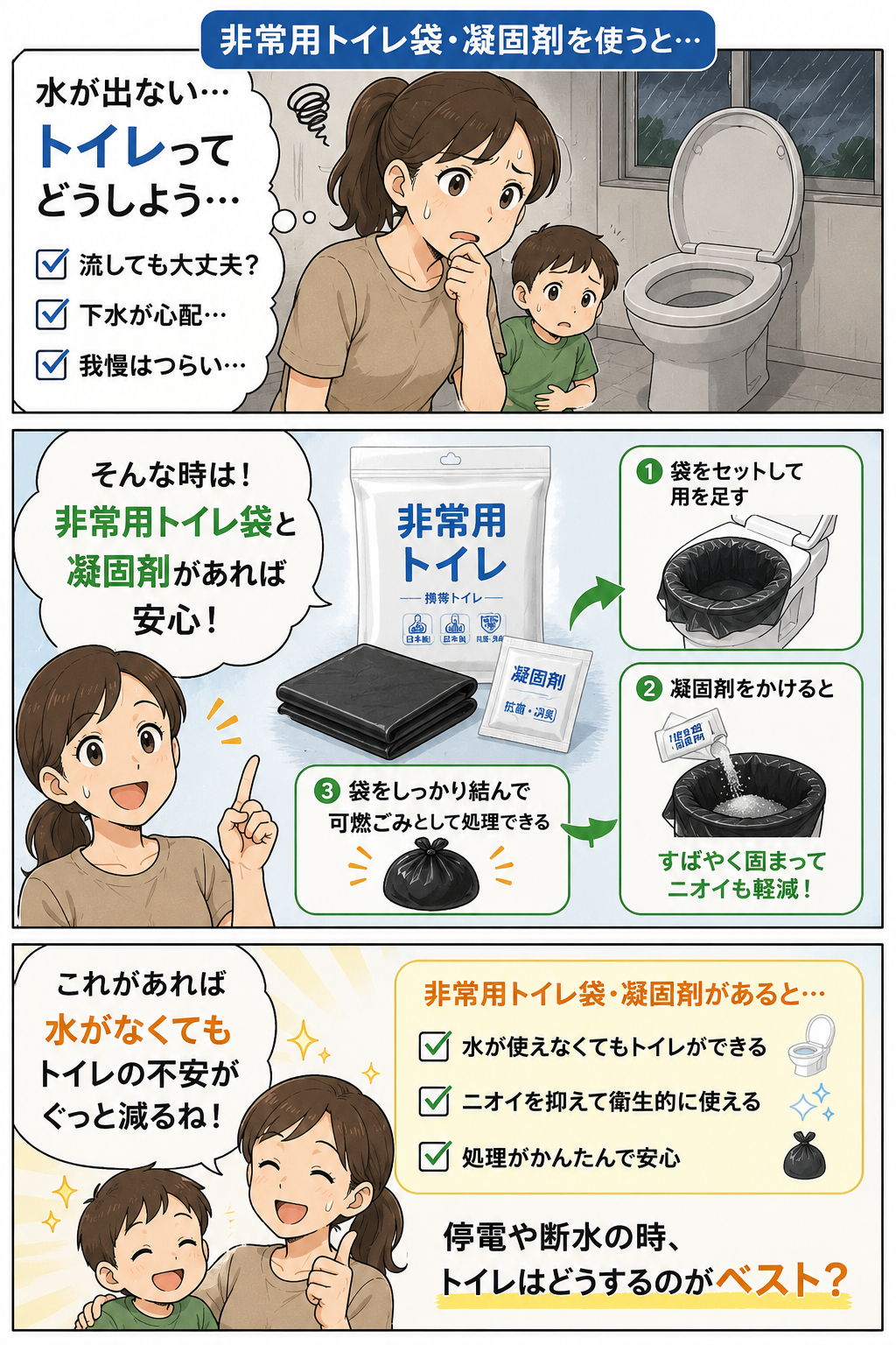 断水時に非常用トイレ袋と凝固剤でトイレ不安を減らす漫画