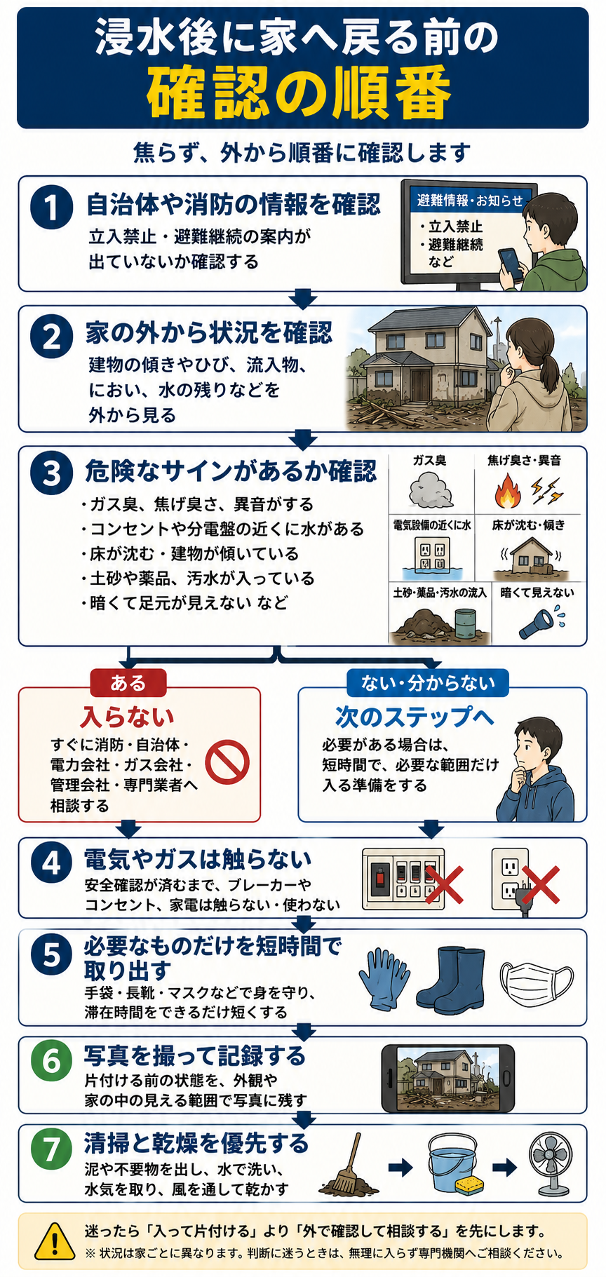 浸水後に家へ戻る前の安全確認の順番を示した縦長フローチャート