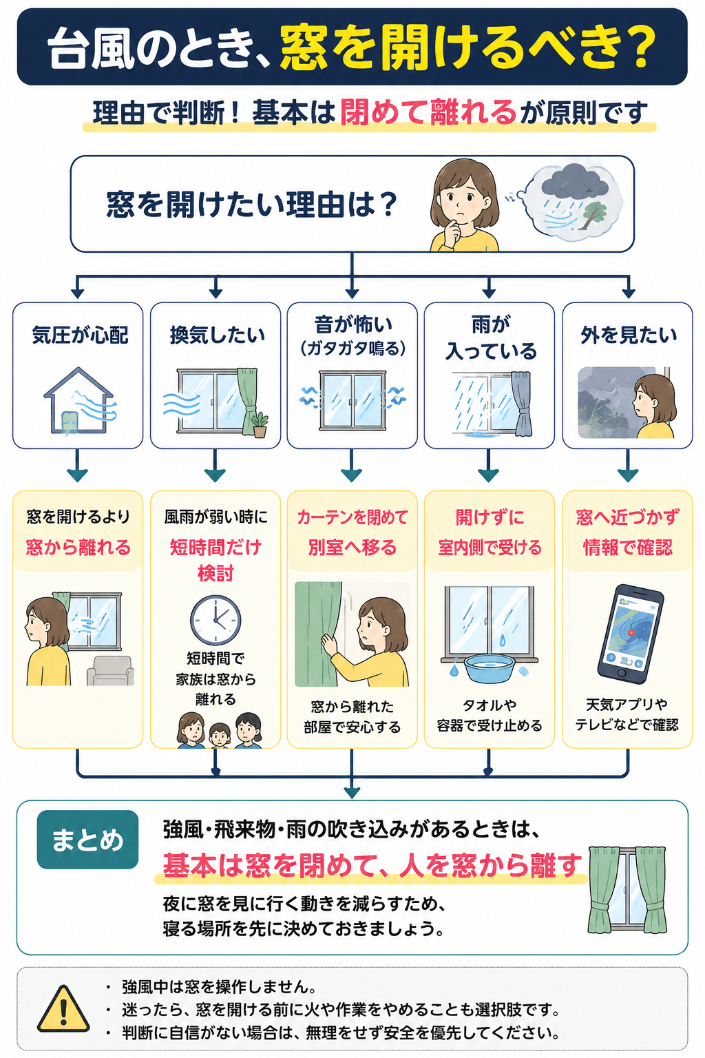台風時に窓を開けるべきか理由別に確認するフローチャート