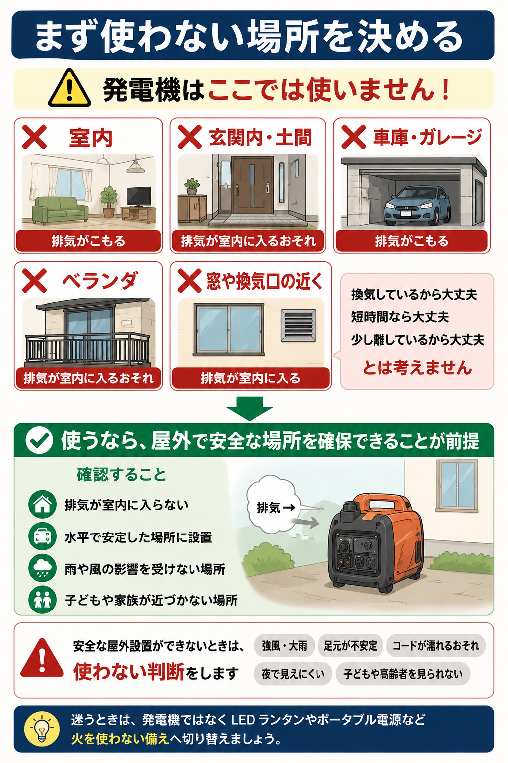 台風停電時に発電機を使わない場所と屋外設置できない時の判断をまとめた図解