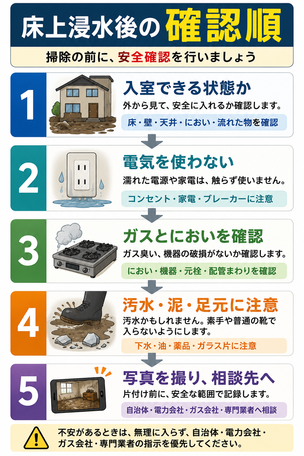床上浸水後に掃除前へ確認する順番を5段階で示した図解