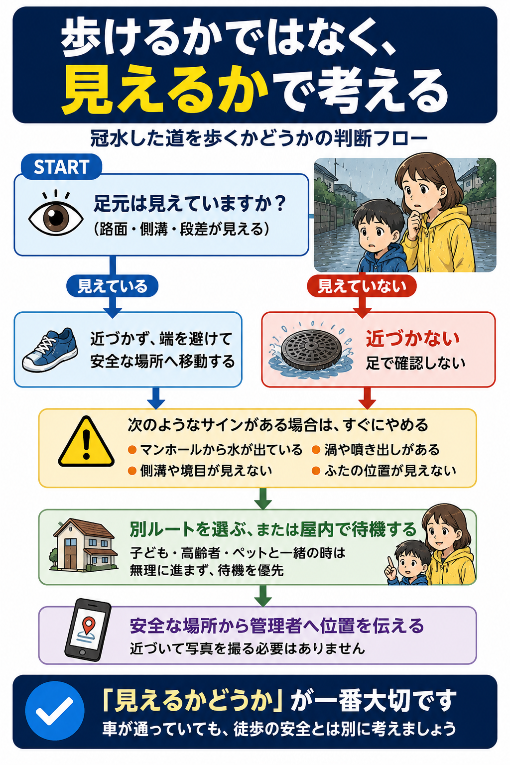 生成された画像:冠水道路安全チェックのフローチャート