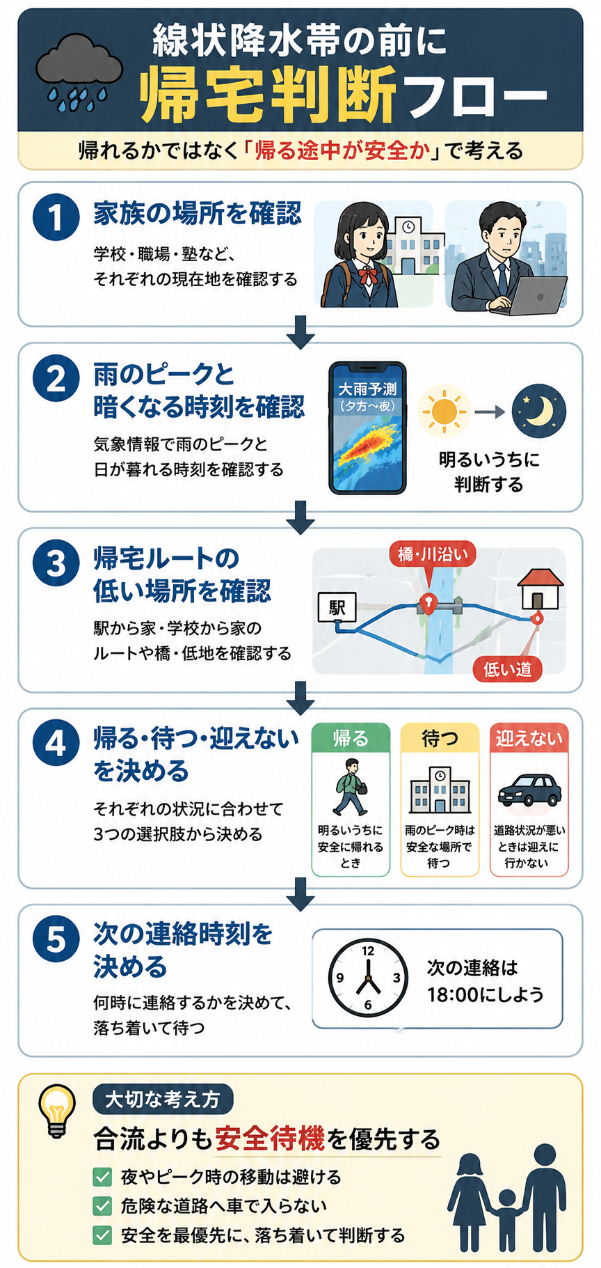 線状降水帯の前に帰宅するか待機するかを決める家庭の帰宅判断フロー