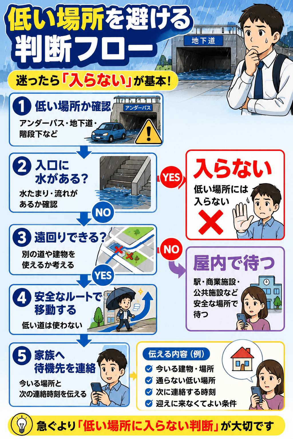 ゲリラ豪雨時に低い場所を避ける判断フロー図