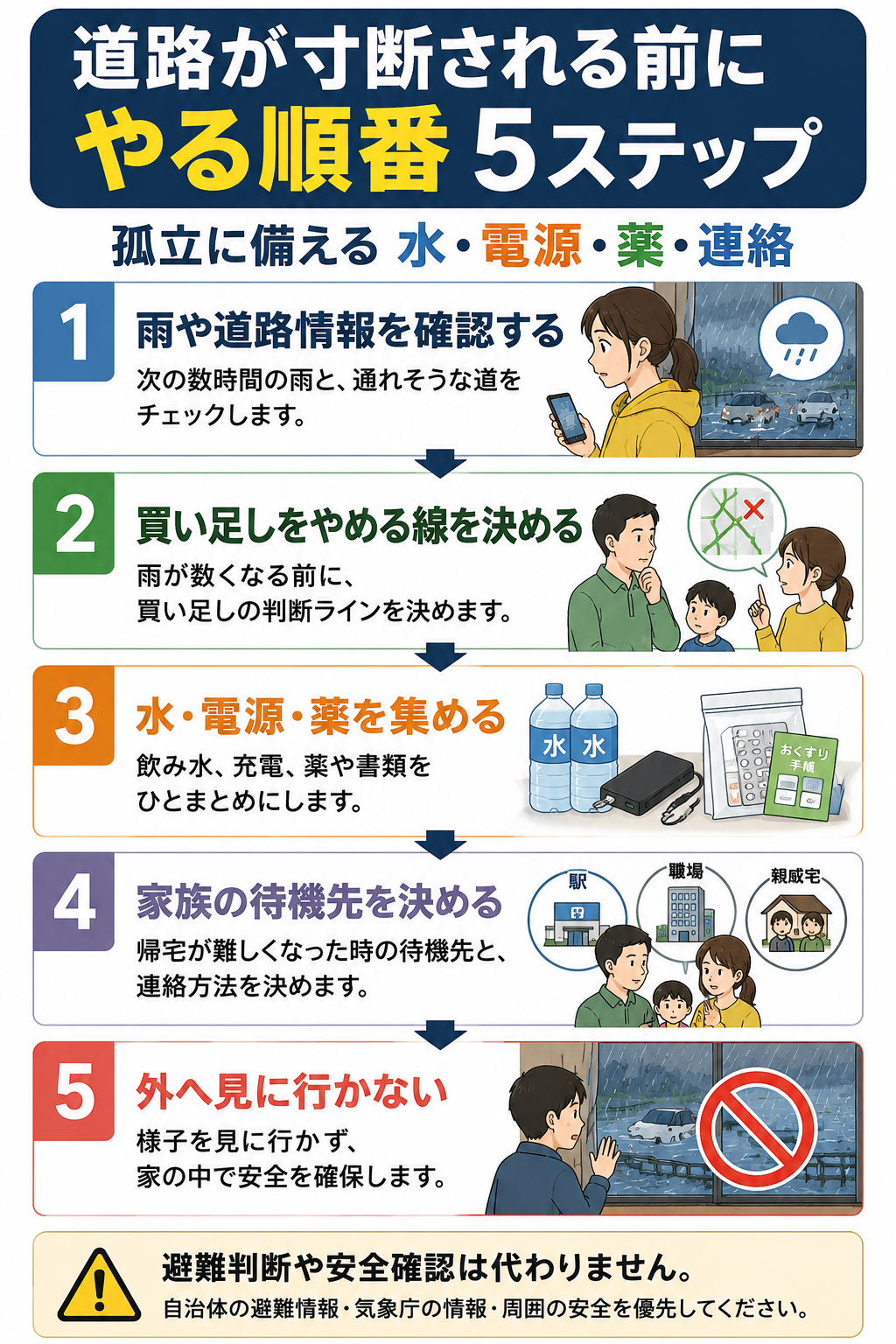 道路が寸断される前に水・電源・薬・連絡を前倒しで準備する5ステップ図解