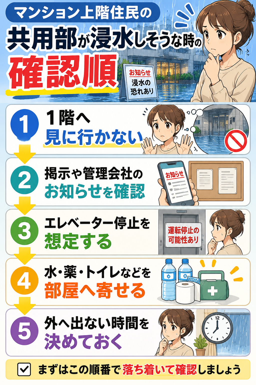 マンション共用部が浸水しそうな時に上階住民が確認する順番を5段階で示した図解