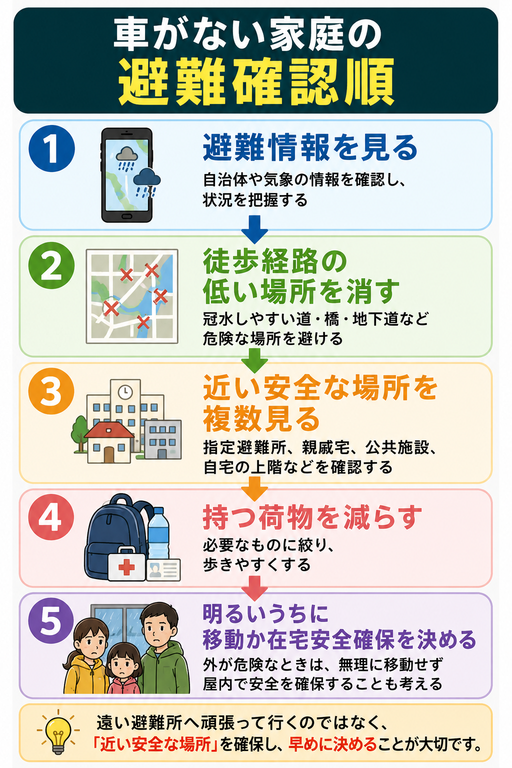 車がない家庭の大雨避難確認順を5ステップで示した図解
