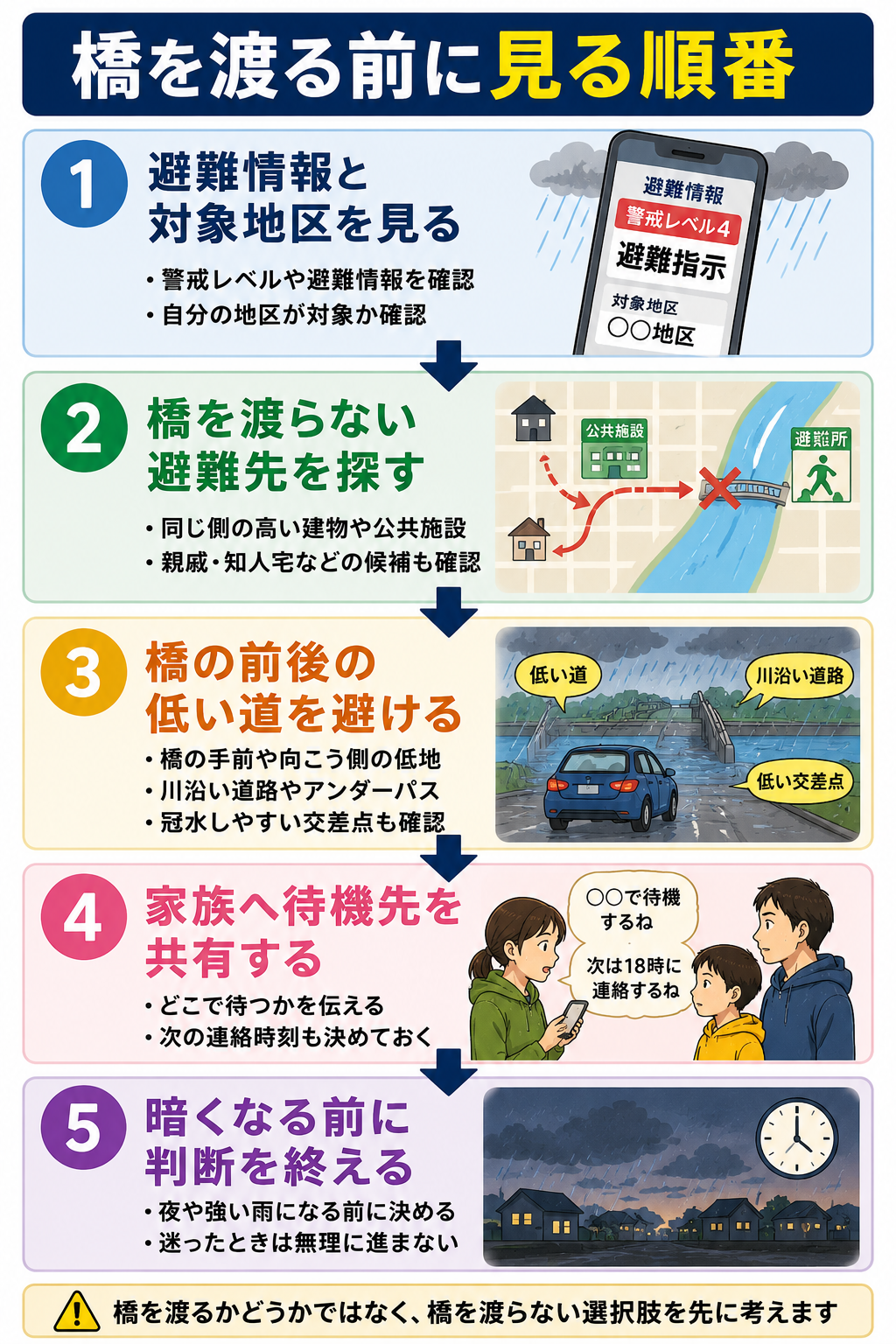 橋を渡る前に見る順番を5段階で整理した防災フローチャート