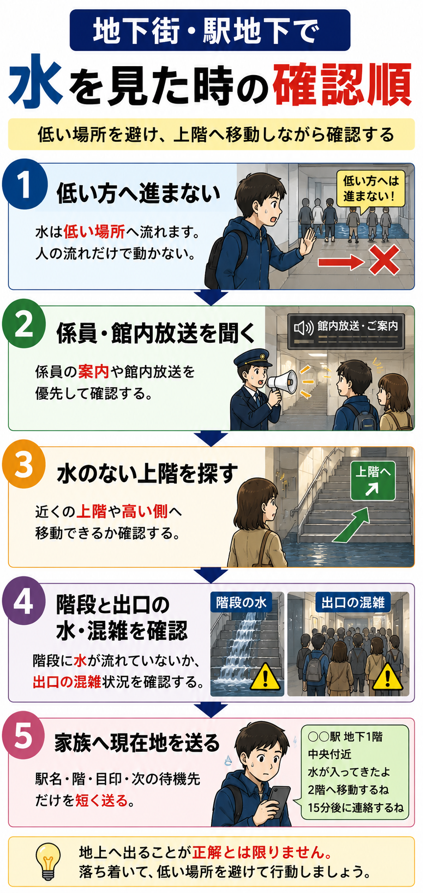 地下街や駅地下で水を見た時の確認順を示す縦長フローチャート
