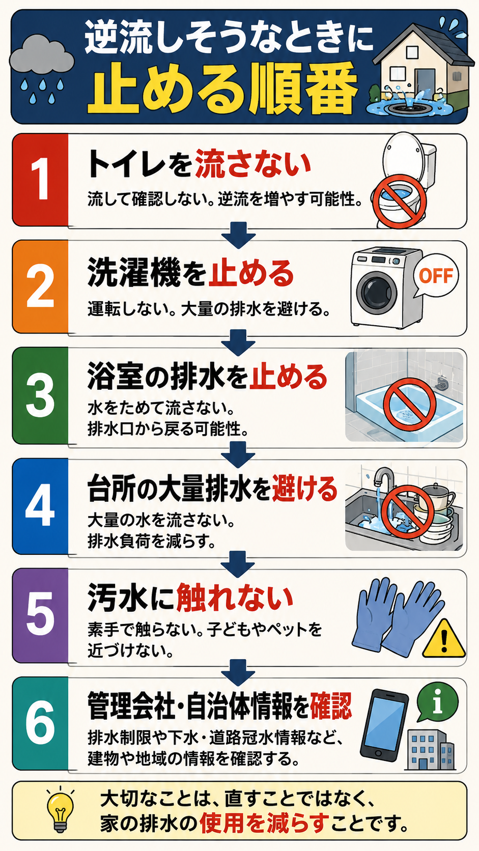 逆流しそうな時に家庭で止める順番を示したフローチャート