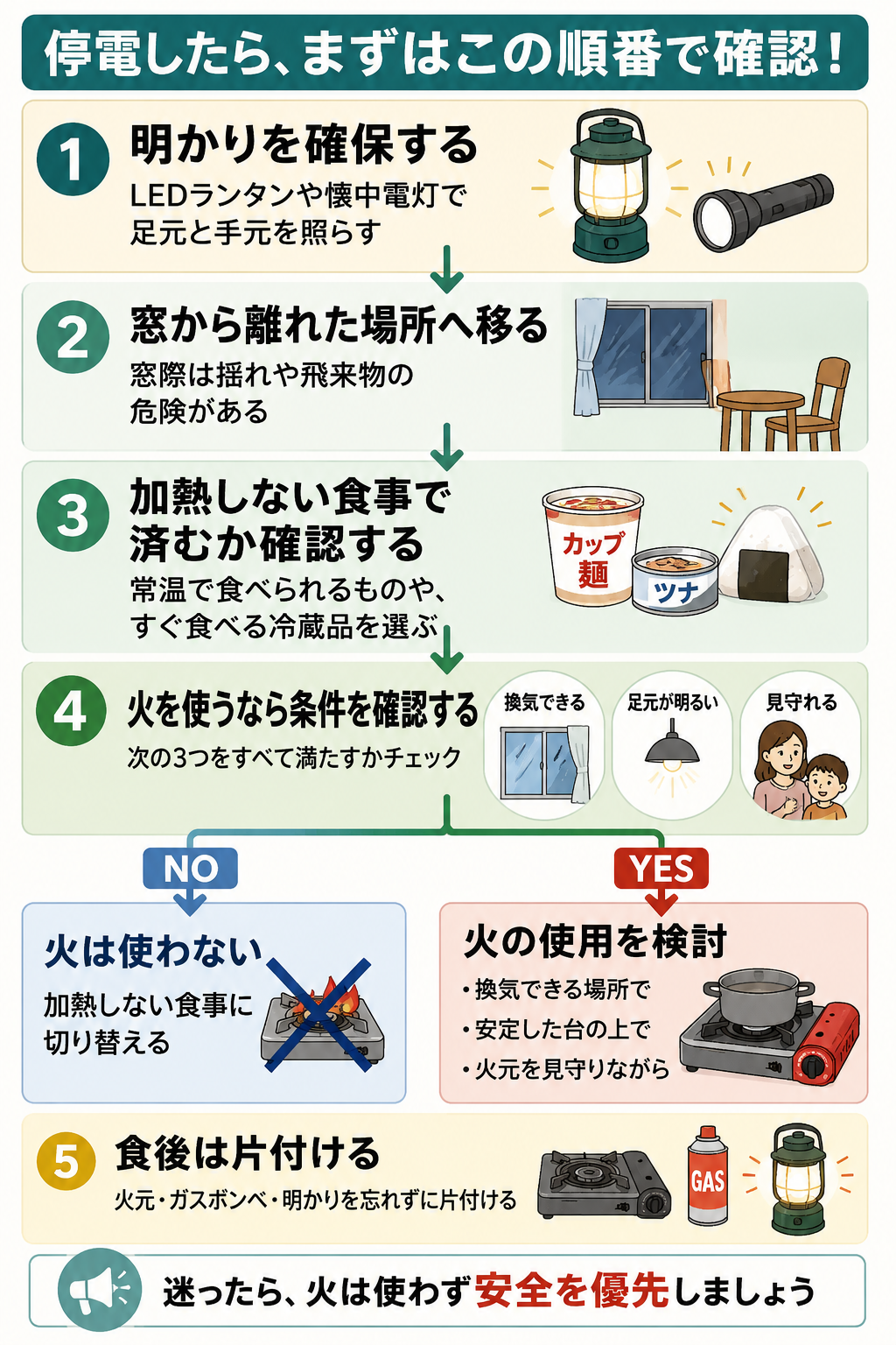停電時の食事で明かり確保から火の使用判断までの確認順を示したフローチャート
