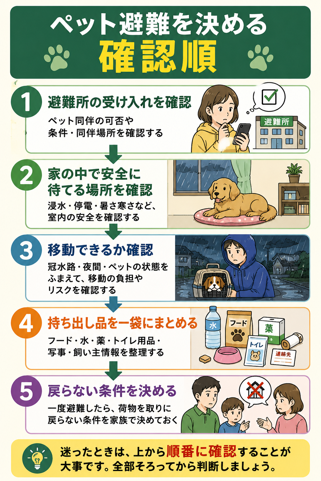 ペット避難で確認する避難所、室内待機、持ち出し品の順番を示した図解