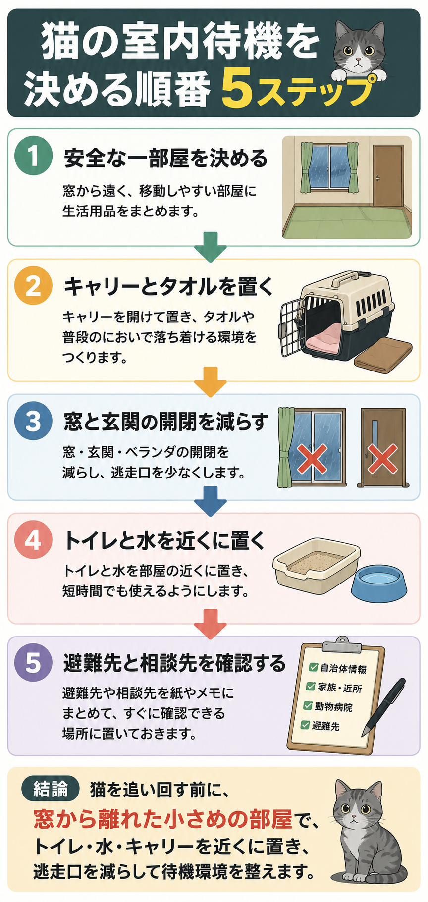 猫の室内待機場所を決める順番を示した図解