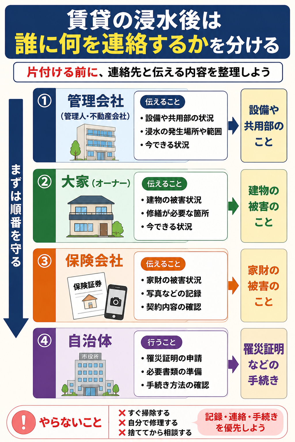 賃貸住宅が浸水したら誰に連絡する?大家・管理会社・保険の順番の確認順を示した図解