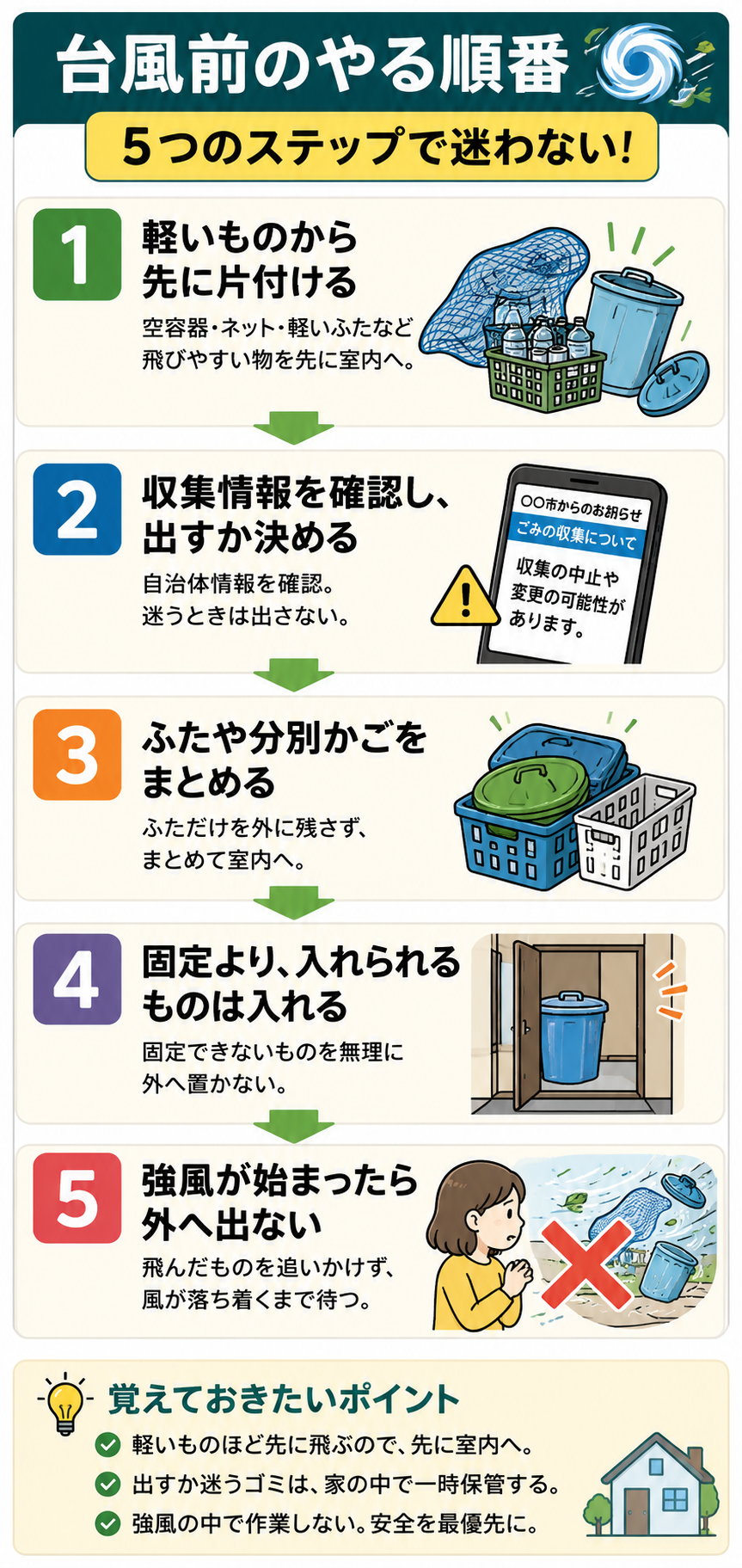 台風前のゴミ箱やネットの片付け順を5ステップで示した図解