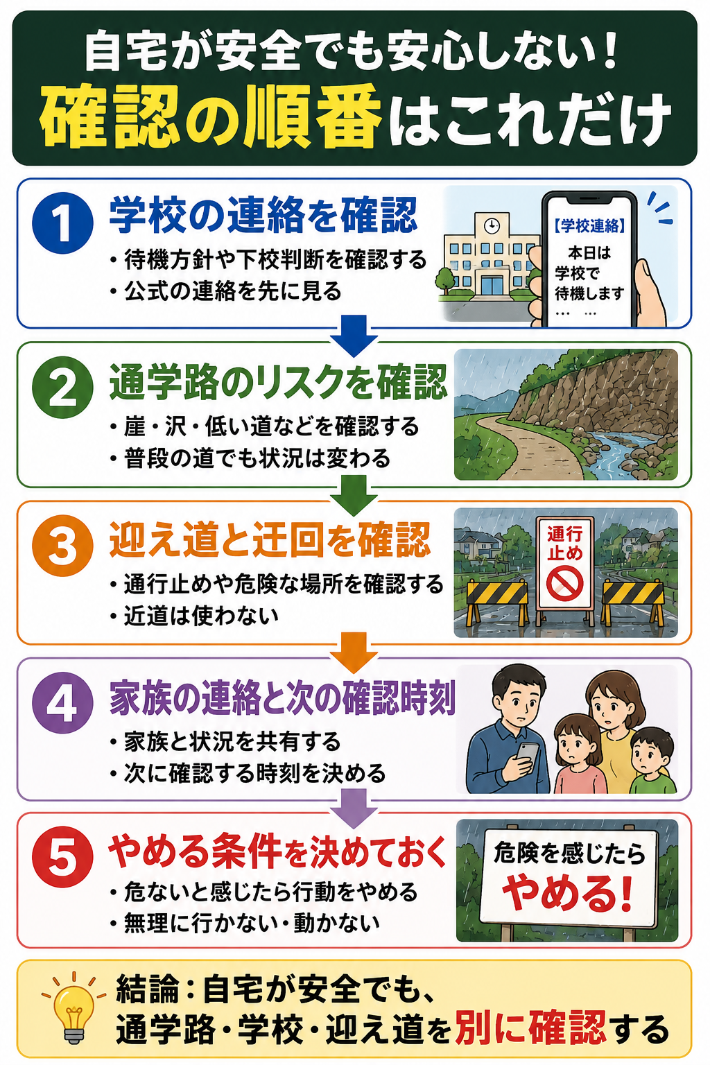 自宅が区域外でも通学路が土砂災害リスクなら？学校・迎え・迂回の確認の確認順を示した図解