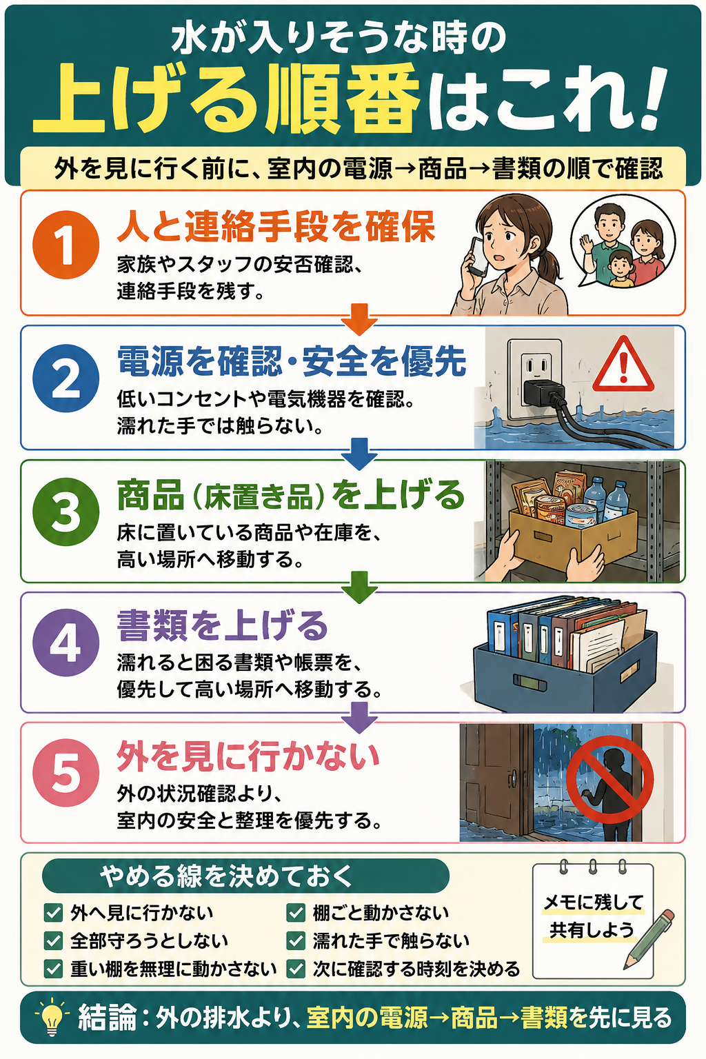 低い玄関や店舗に水が入りそうな時は?商品・書類・電源を上げる順番の確認順を示した図解