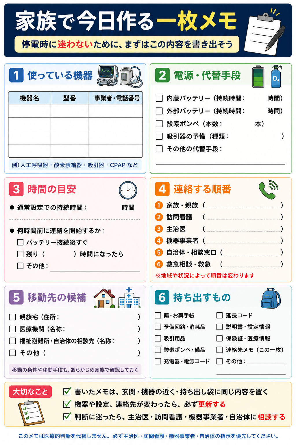在宅医療機器の停電対策として家族で作る一枚メモのチェックリスト