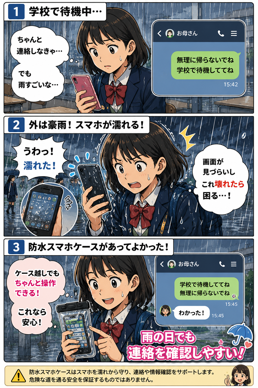 集中豪雨で学校に待機する子どもがスマホの濡れを心配するが、防水スマホケースで家族との連絡を確認でき安心する様子を描いた漫画