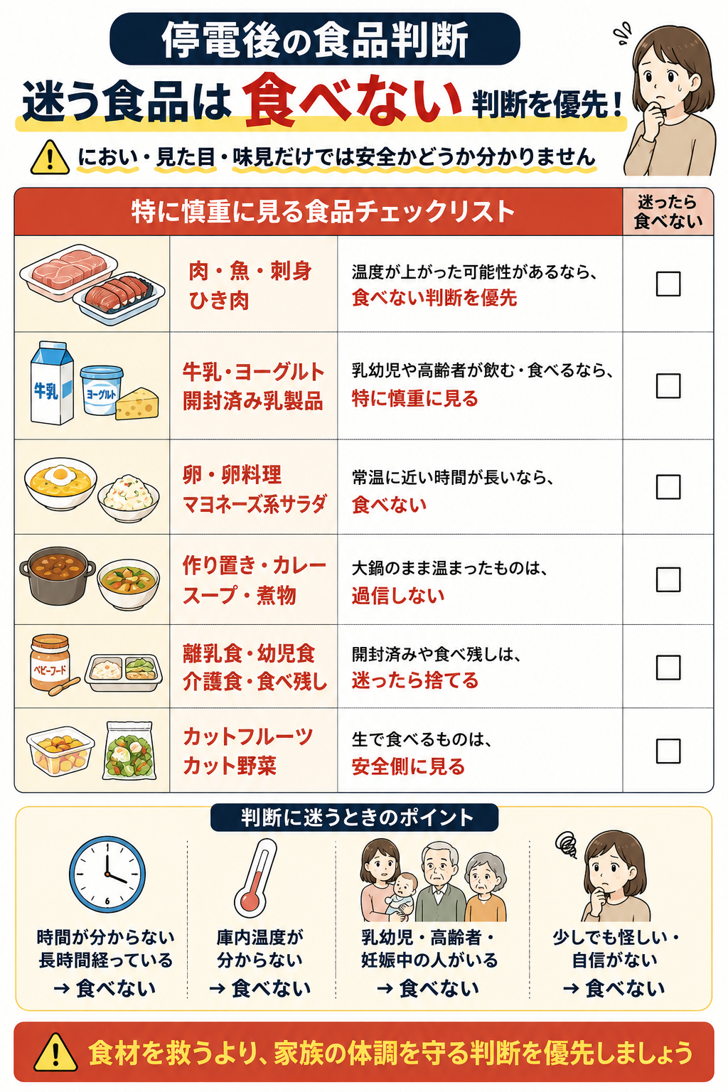停電後に食べない判断を優先する食品をまとめたチェックリスト図解