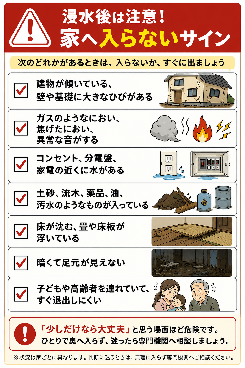 浸水後に家へ入らない方がよい危険サインをまとめたチェックリスト図解