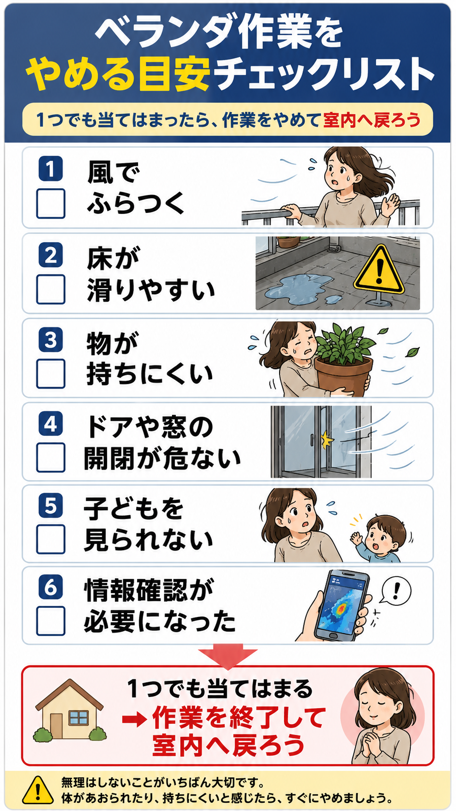 台風前のベランダ作業をやめる目安を6項目で示したチェックリスト図解