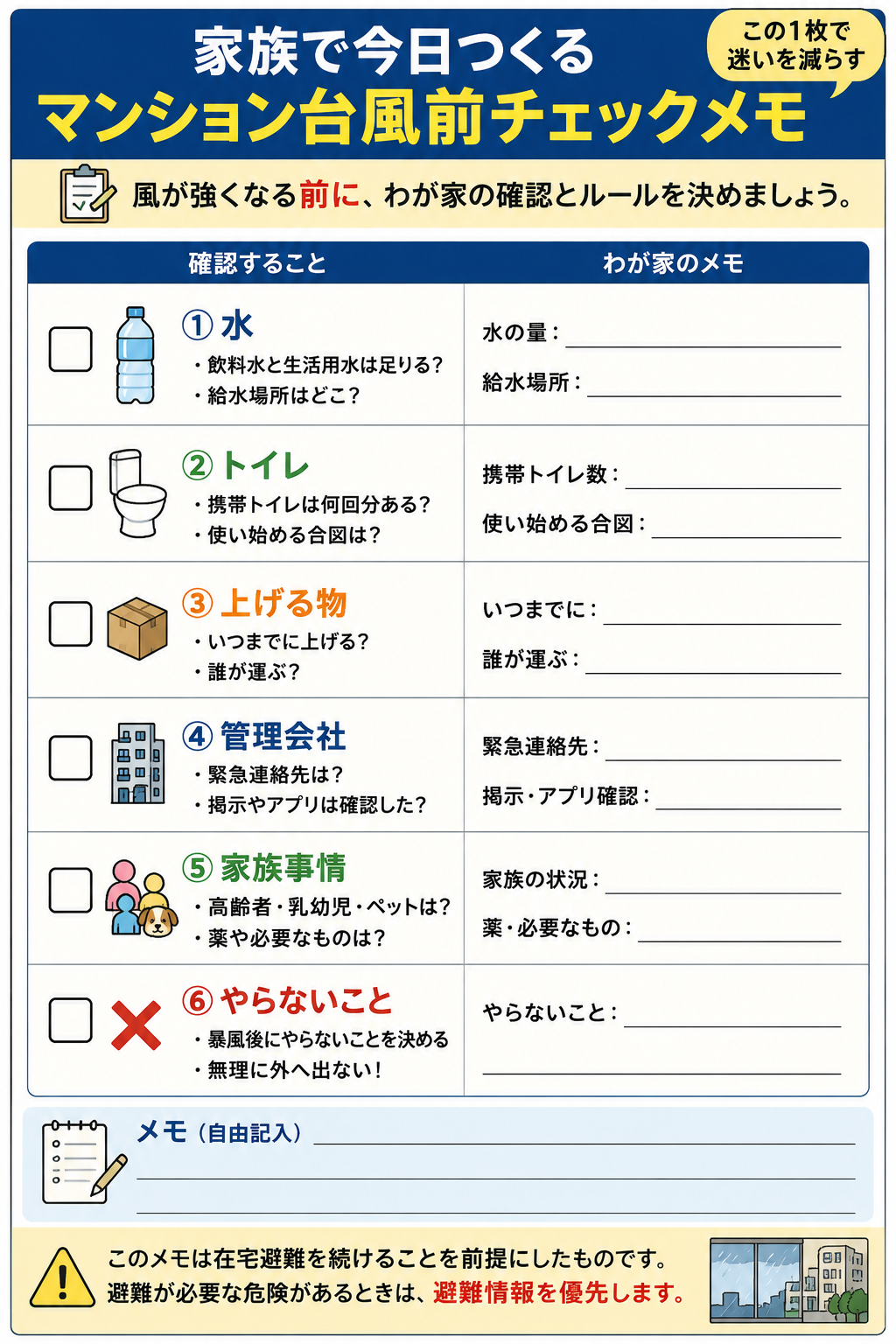 マンションで台風前に家族で確認する水トイレ階段管理会社のチェックメモ