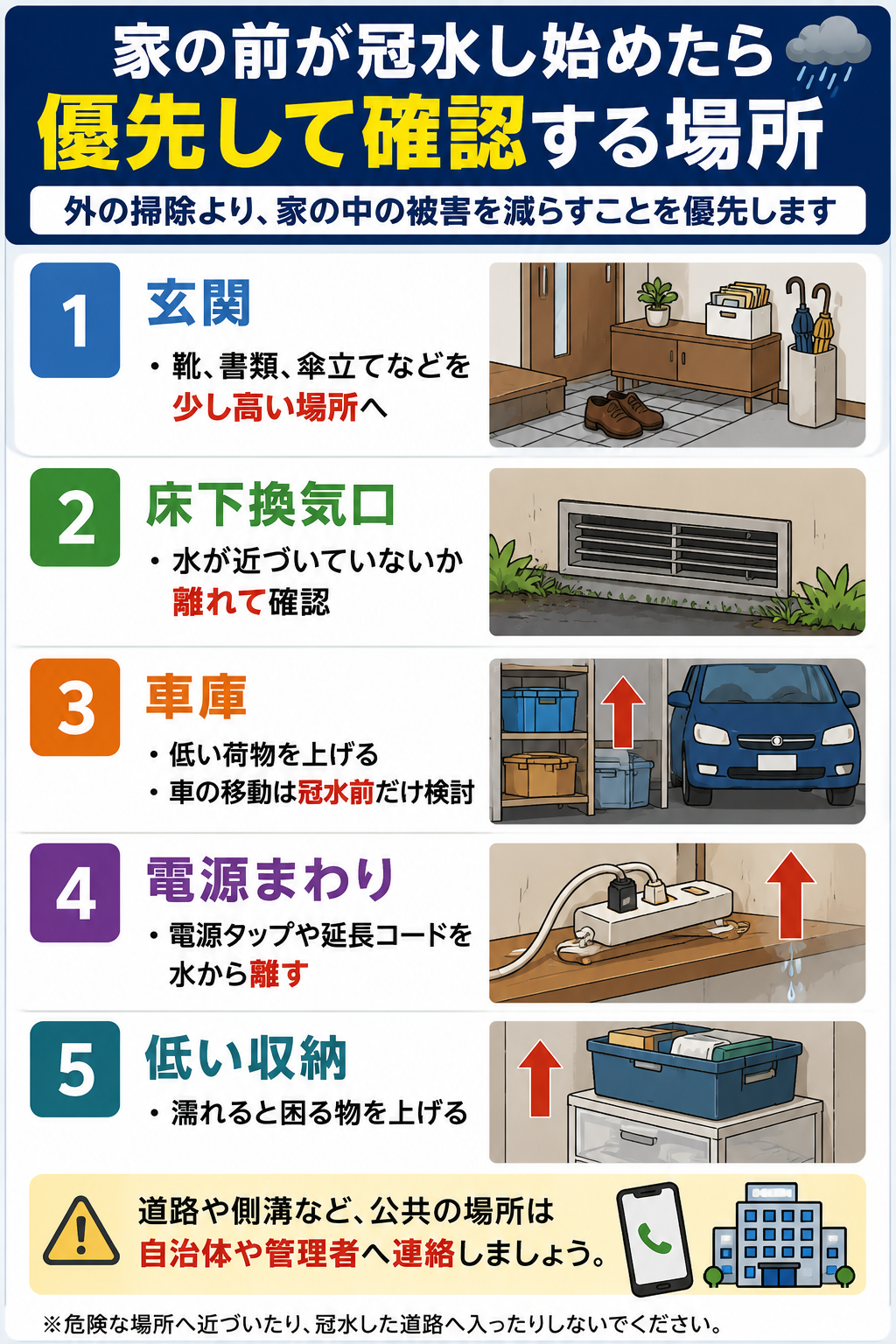 家の前が冠水し始めた時に玄関や電源まわりなど優先確認場所を示す図解