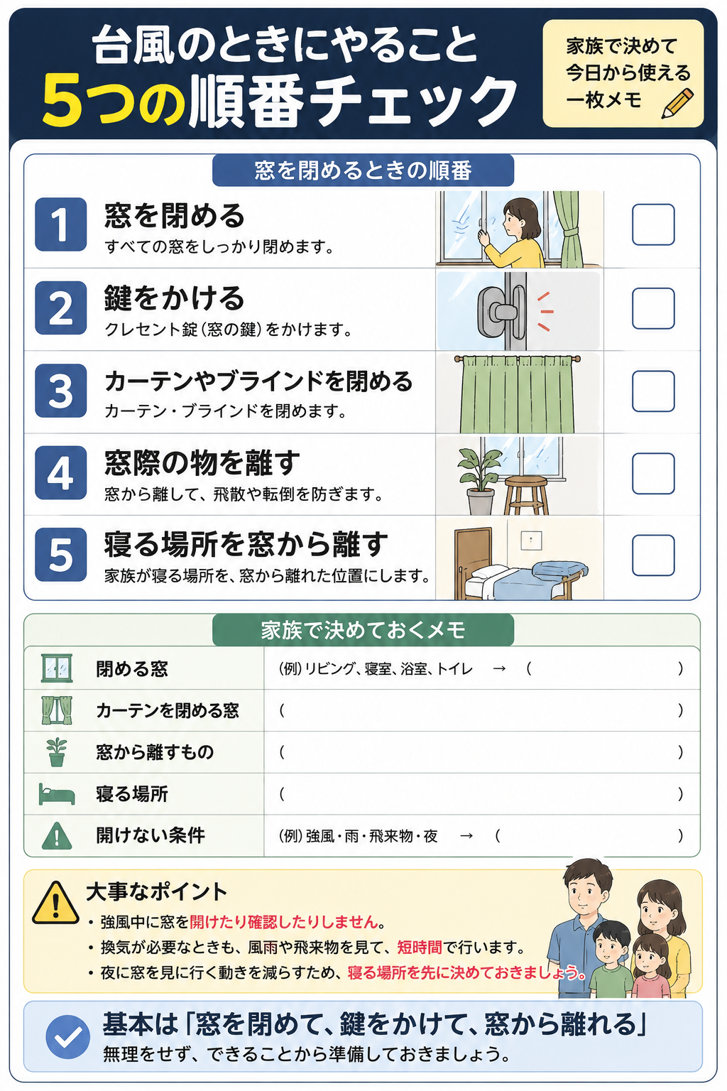 台風時に窓を閉める順番と家族で決めるメモをまとめたチェックリスト