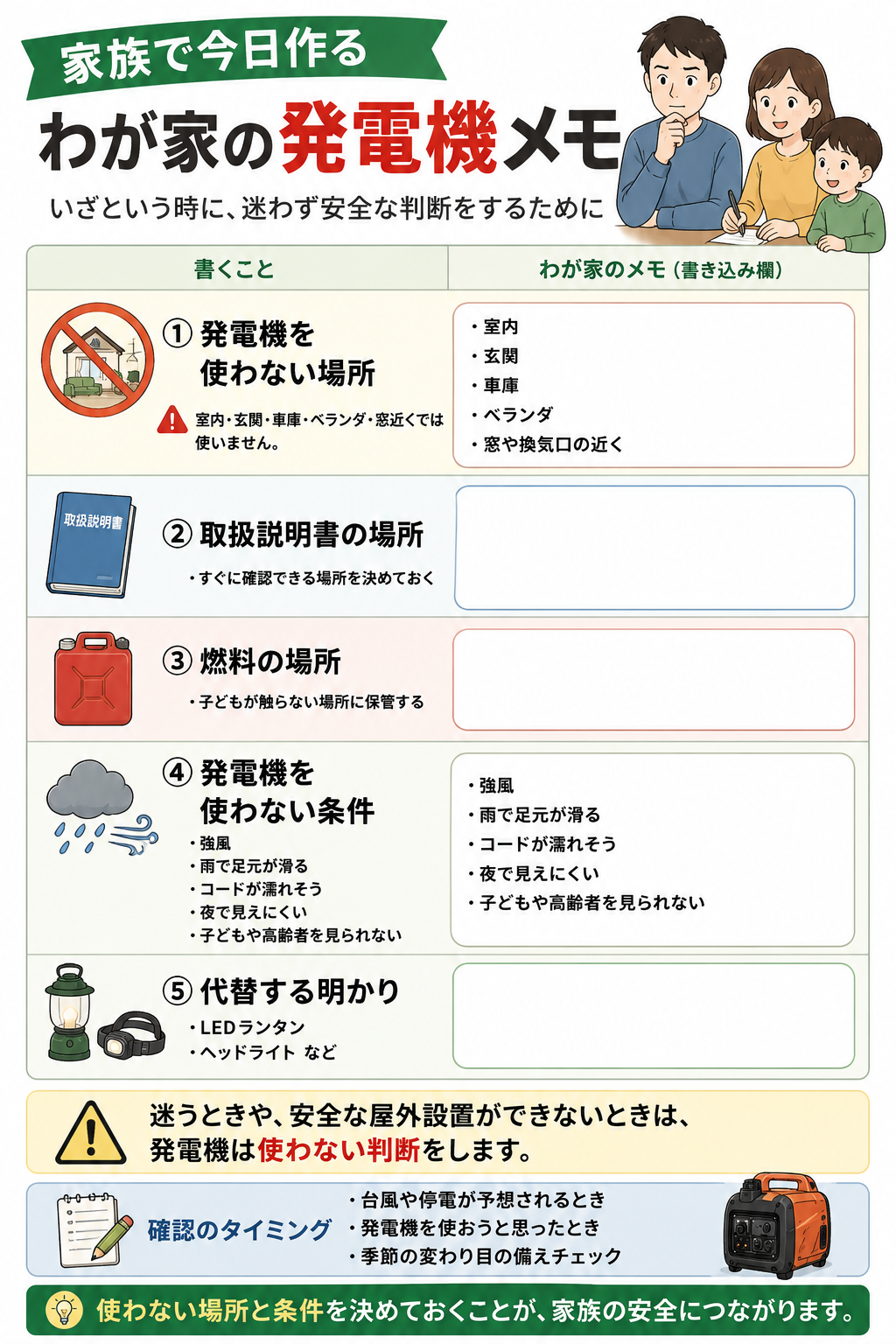 台風停電時に家族で確認する発電機メモのチェックリスト図解