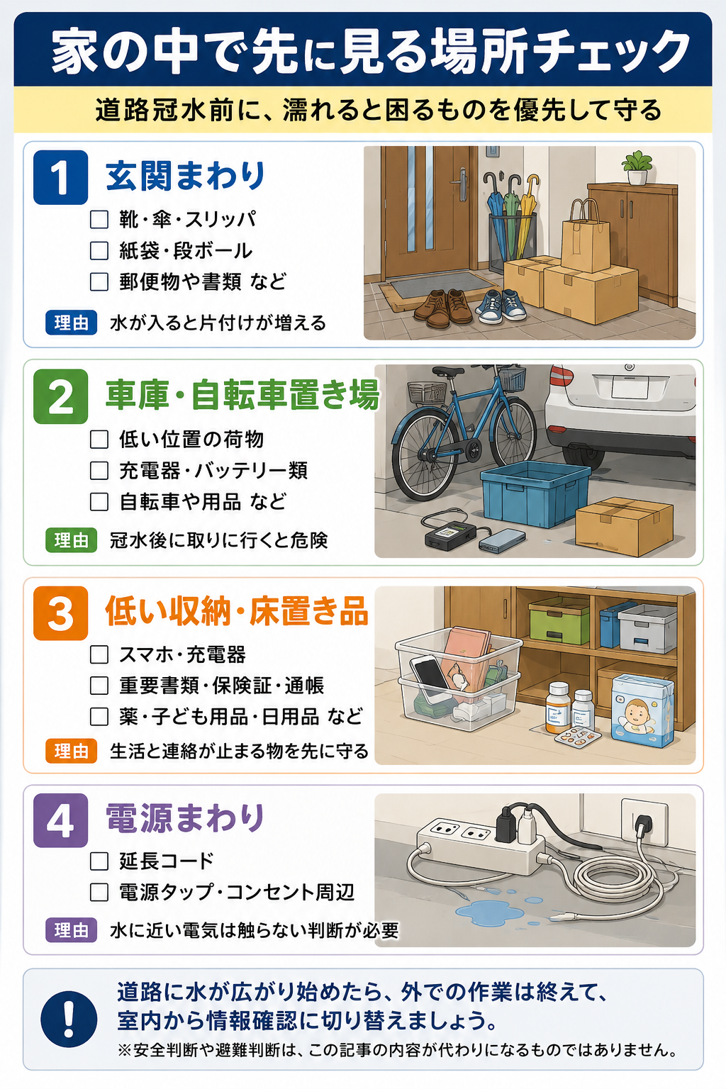 道路冠水前に家の中で先に見る場所をまとめたチェックリスト図解